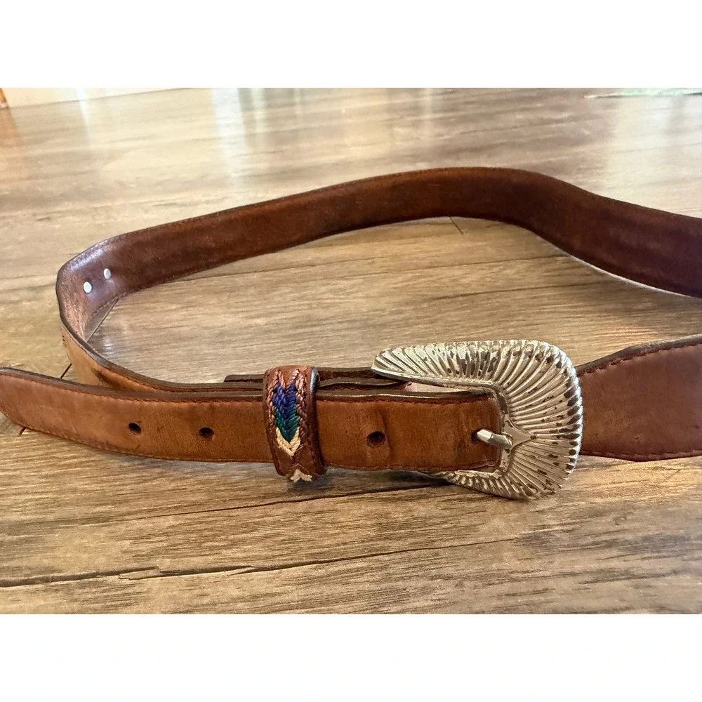 Tony Lama Mens 36 Brown Leather Western Concho Embroidered Belt 7699L USA